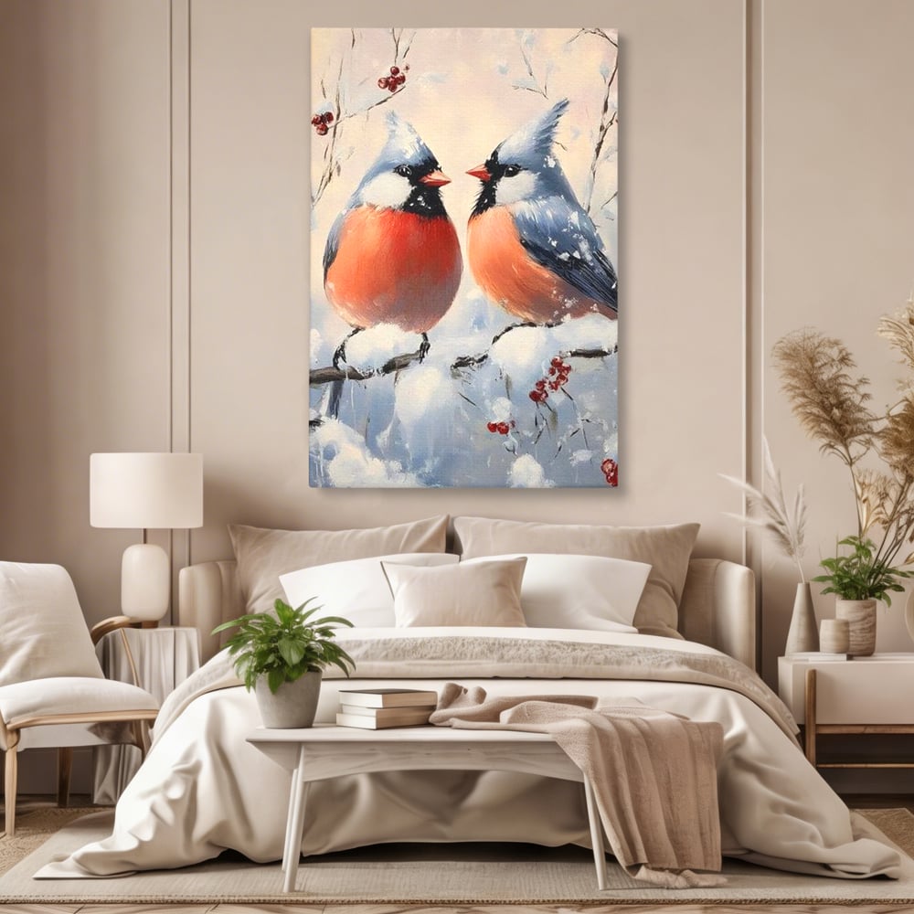 Tablou canvas cu tablou canvas cu doi pasari cardinali in iarna, fara rama, pe sasiu de lemn, pe perete intr-un dormitor